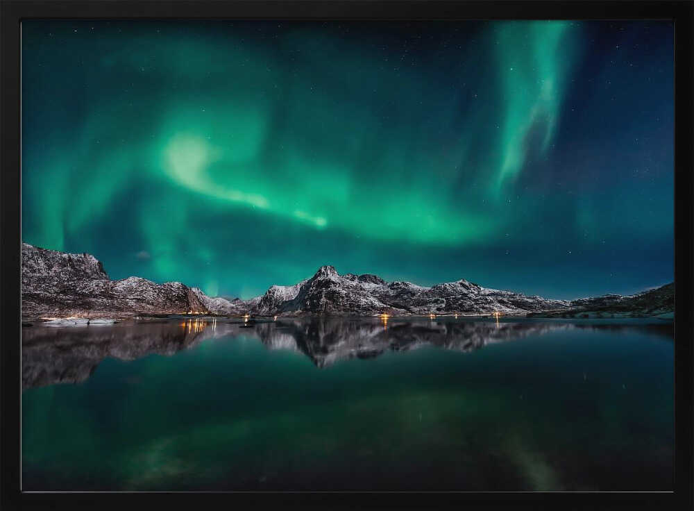 Emerald Aurora Mountain Reflection Art Print UK — Dark Moody Calm Wall Art — Bedroom — Wall It All Prints