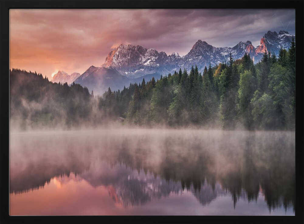 Misty Mountain Lake Reflection Art Print UK — Dark Moody Vibrant Wall Art — Bedroom — Wall It All Prints