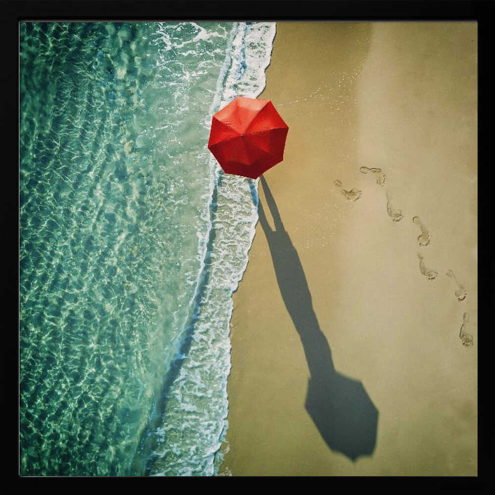 Red Umbrella Beach Walk Art Print UK — Dark Moody Vibrant Wall Art — Bedroom — Wall It All Prints