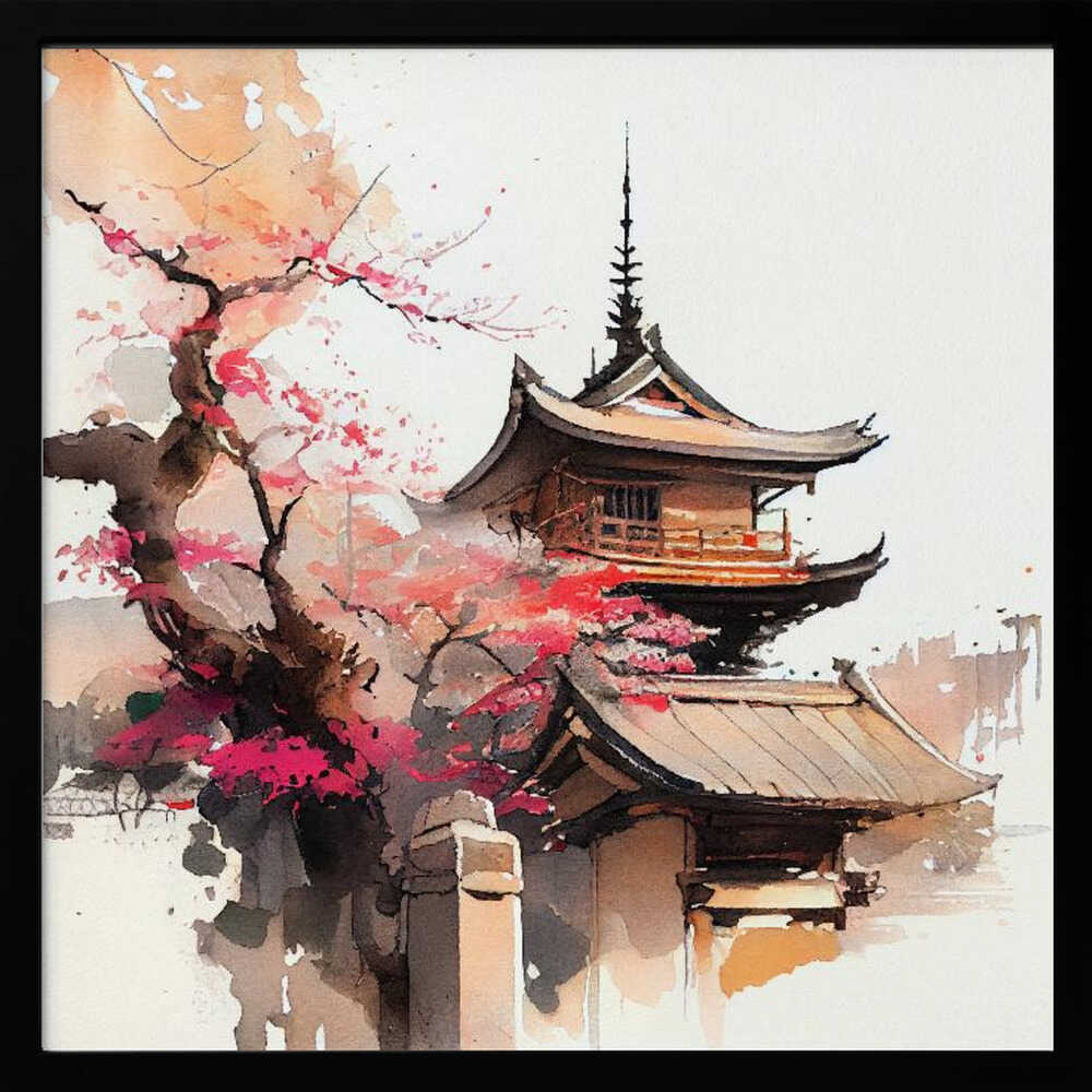 Cherry Blossom Pagoda Art Print UK — Japanese Vibrant Wall Art — Living Room — Wall It All Prints