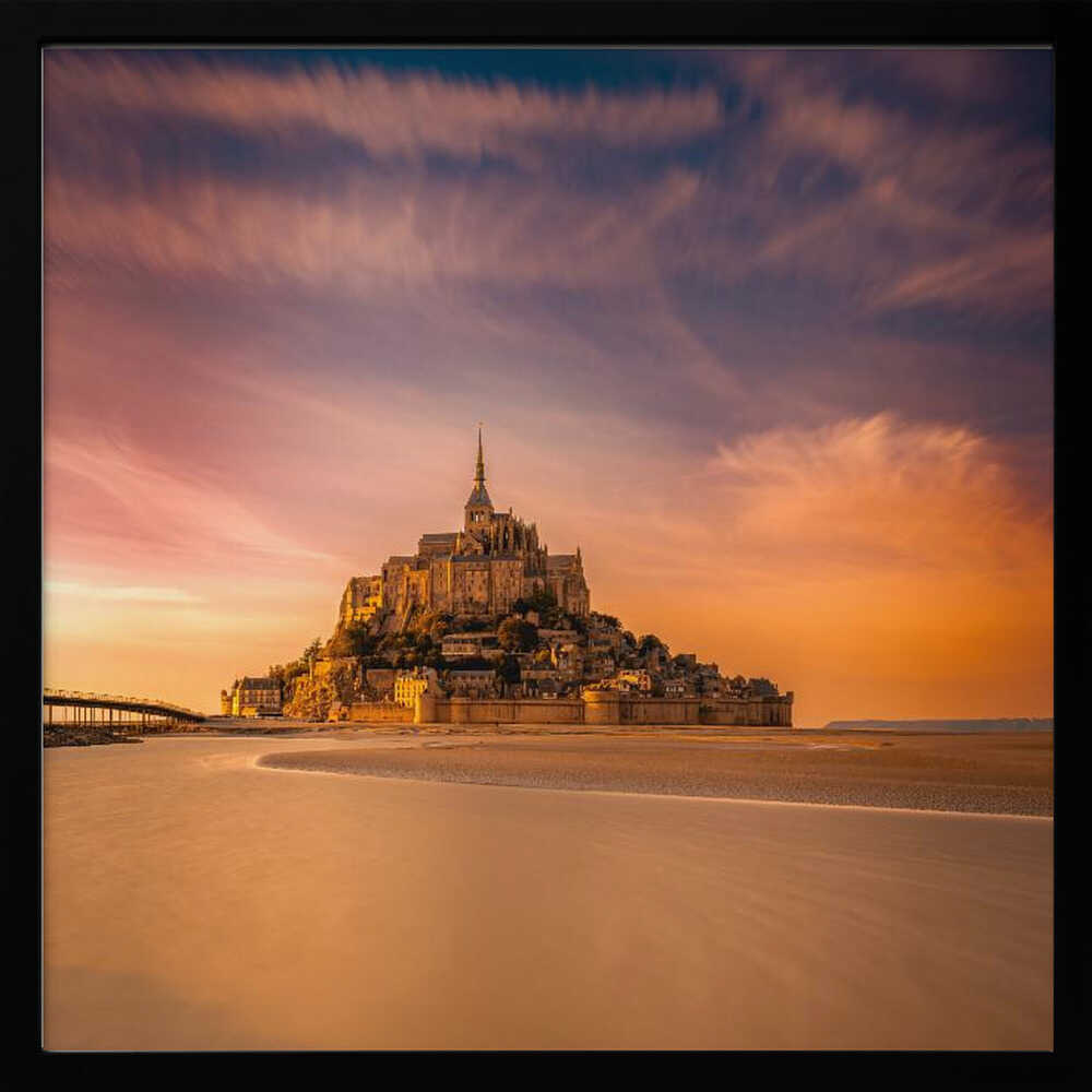 Mont Saint-Michel Sunset Glow Art Print UK — Dark Moody Warm Wall Art — Living Room — Wall It All Prints