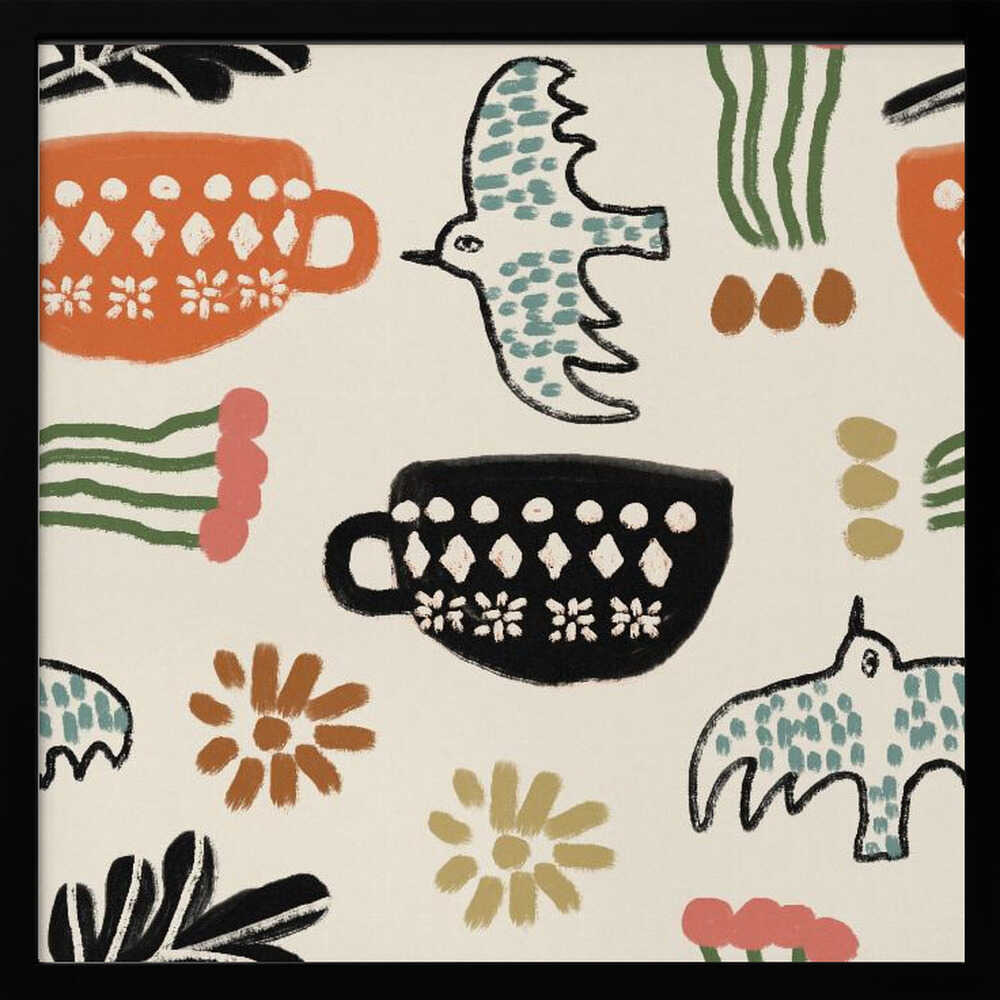 Nordic Folk Cups And Birds Art Print UK — Botanical Dark Wall Art — Kitchen — Wall It All Prints