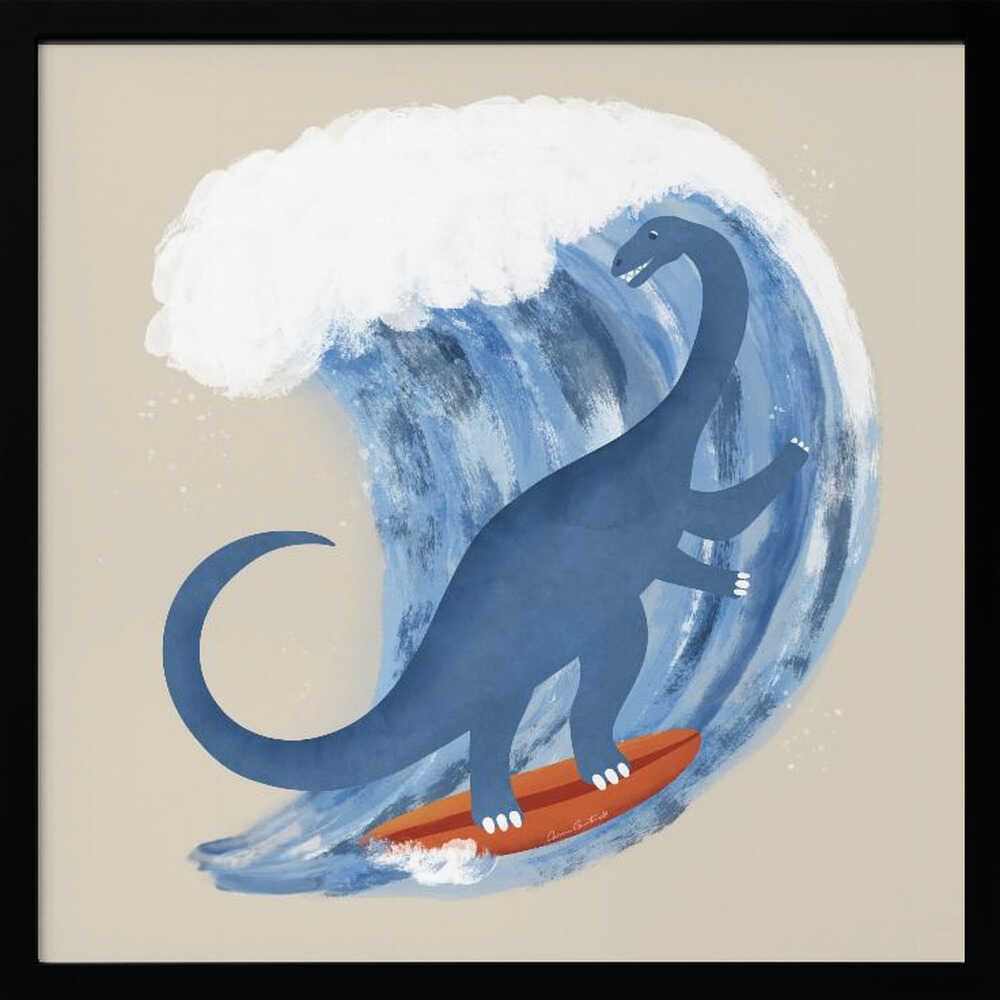 Framed Whimsical Surfing Dinosaur print displayed in a playful kids bedroom.