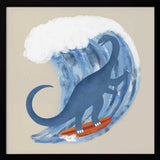 Framed Whimsical Surfing Dinosaur print displayed in a playful kids bedroom.