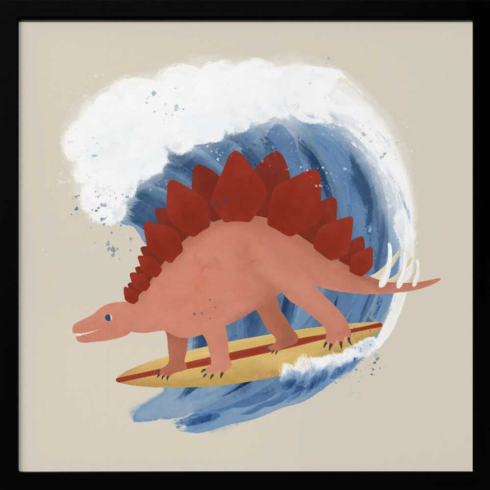 Framed Surfing Stegosaurus dinosaur print displayed in a beach-themed kids room.