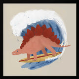 Framed Surfing Stegosaurus dinosaur print displayed in a beach-themed kids room.