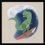 Framed T-Rex Surfing Wave dinosaur print displayed in an adventure-themed kids room.