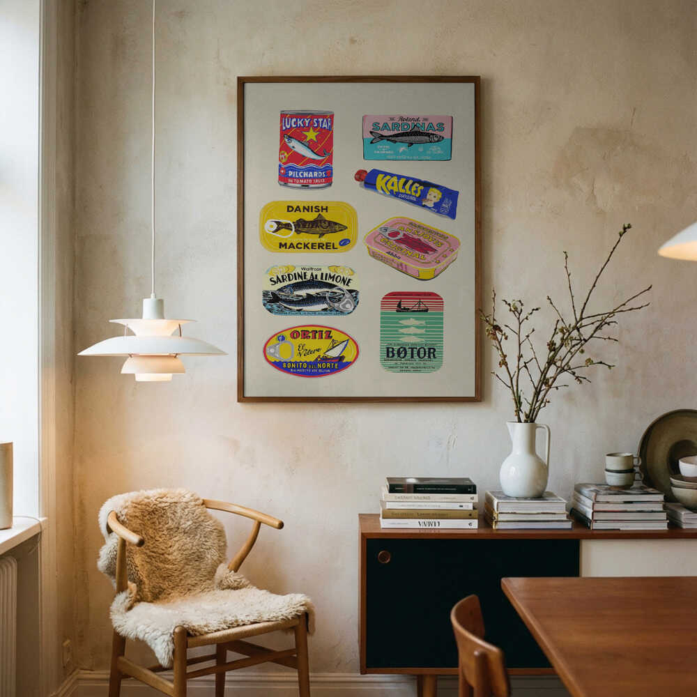 Vintage Seafood Cans Art Print UK — Abstract Vibrant Wall Art — Kitchen — Wall It All Prints