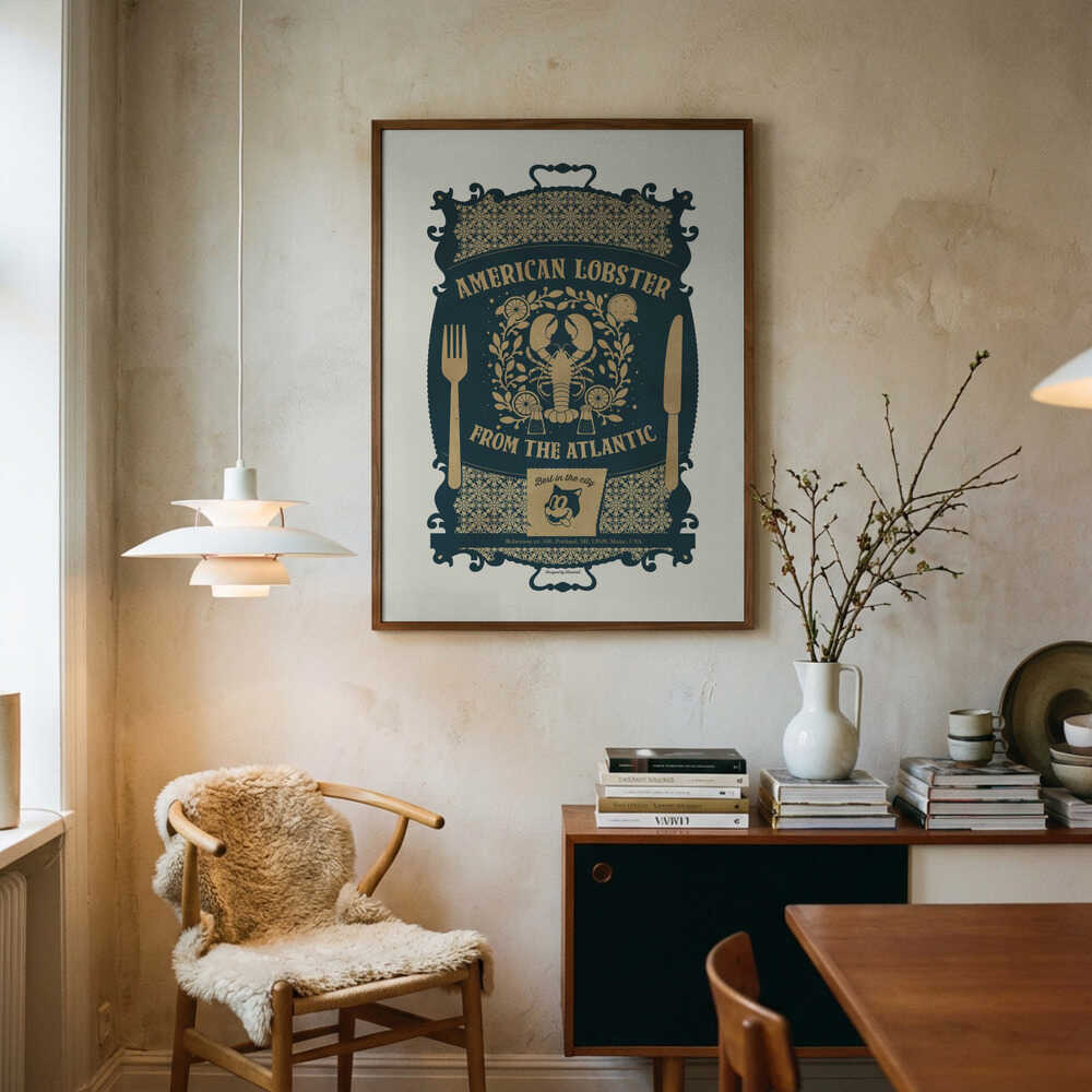 Ornate American Lobster Sign Art Print UK — Vintage Vibrant Wall Art — Kitchen — Wall It All Prints