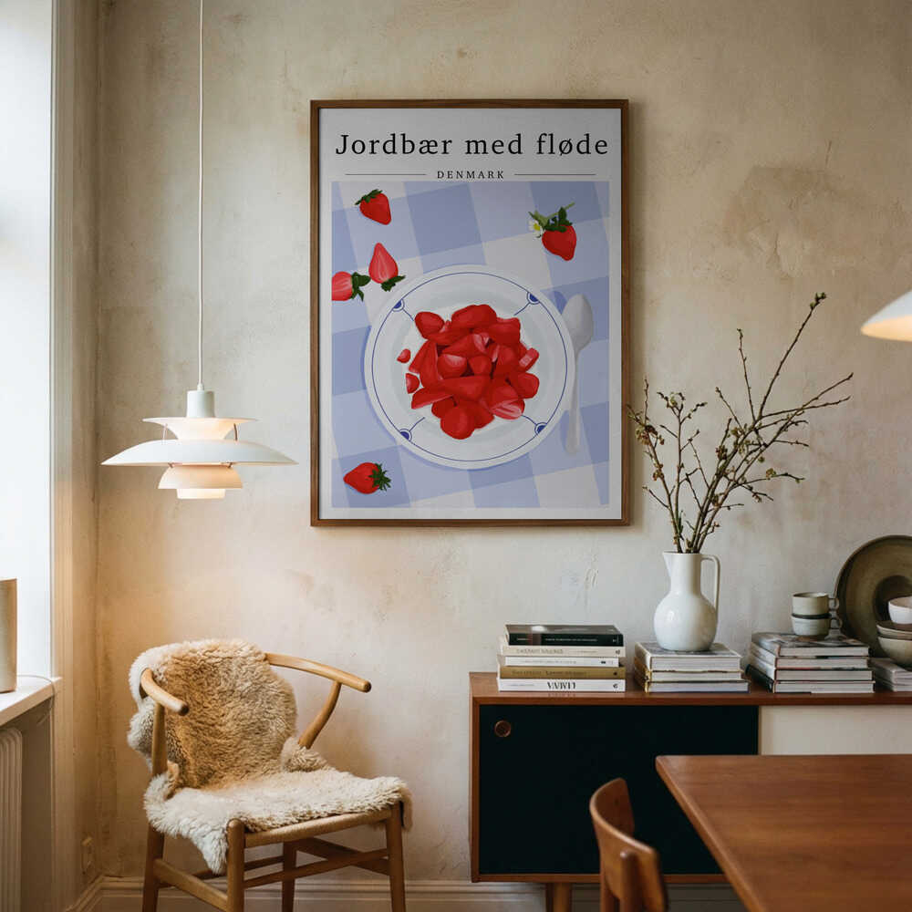 Jordbær Med Fløde Art Print UK — Food Vibrant Wall Art — Kitchen — Wall It All Prints