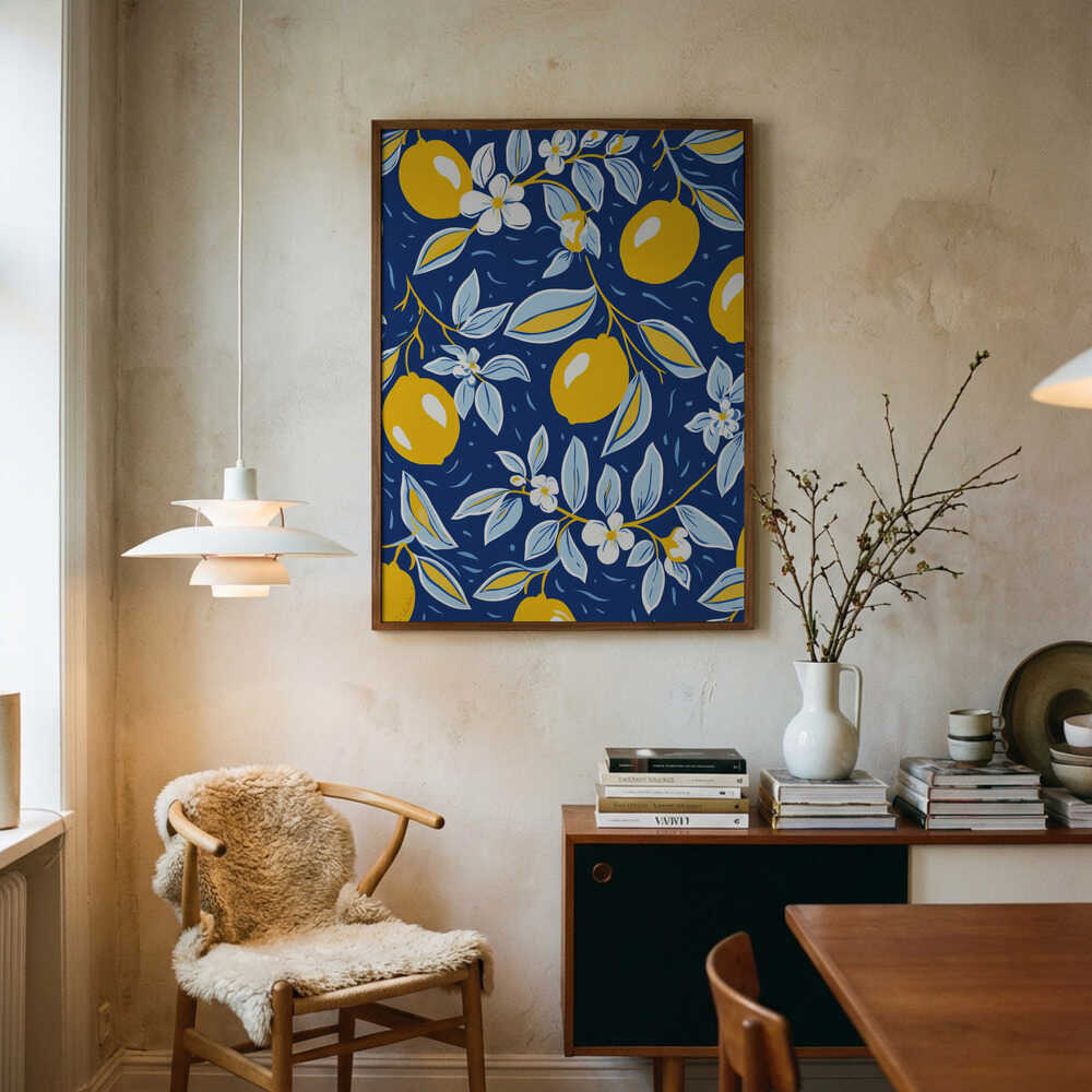 Blue Lemon Pattern Art Print UK — Botanical Vibrant Wall Art — Kitchen — Wall It All Prints