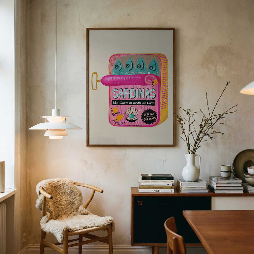 Whimsical Pink Sardines Art Print UK — Botanical Vibrant Wall Art — Kitchen — Wall It All Prints