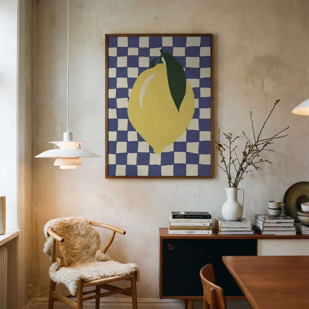 Blue Checkered Lemon Art Print UK — Food Minimal Wall Art — Kitchen — Wall It All Prints
