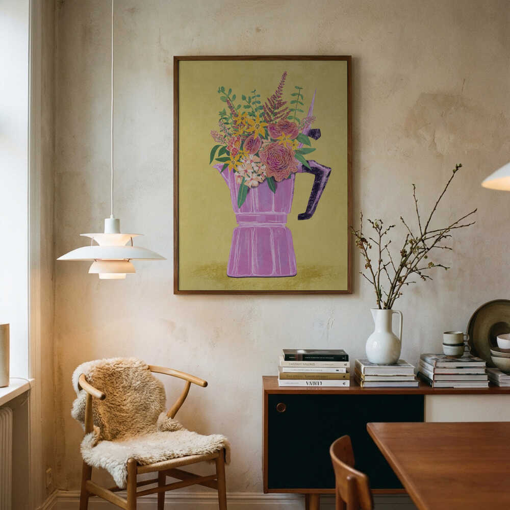 Espresso Maker with Flowers Art Print UK — Botanical Vibrant Wall Art — Kitchen — Wall It All Prints