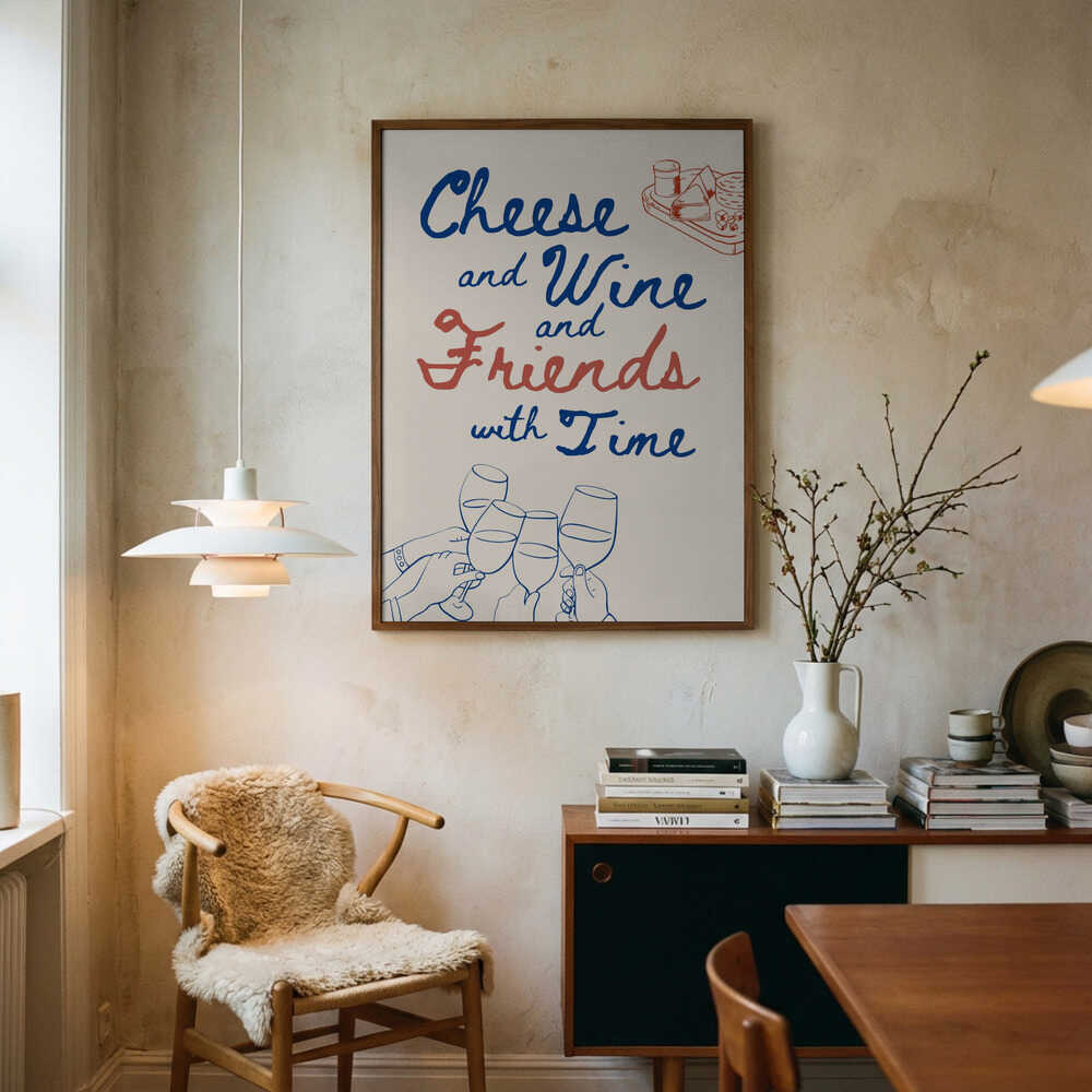 Cheese Wine and Friends Art Print UK — Food Vibrant Wall Art — Kitchen — Wall It All Prints