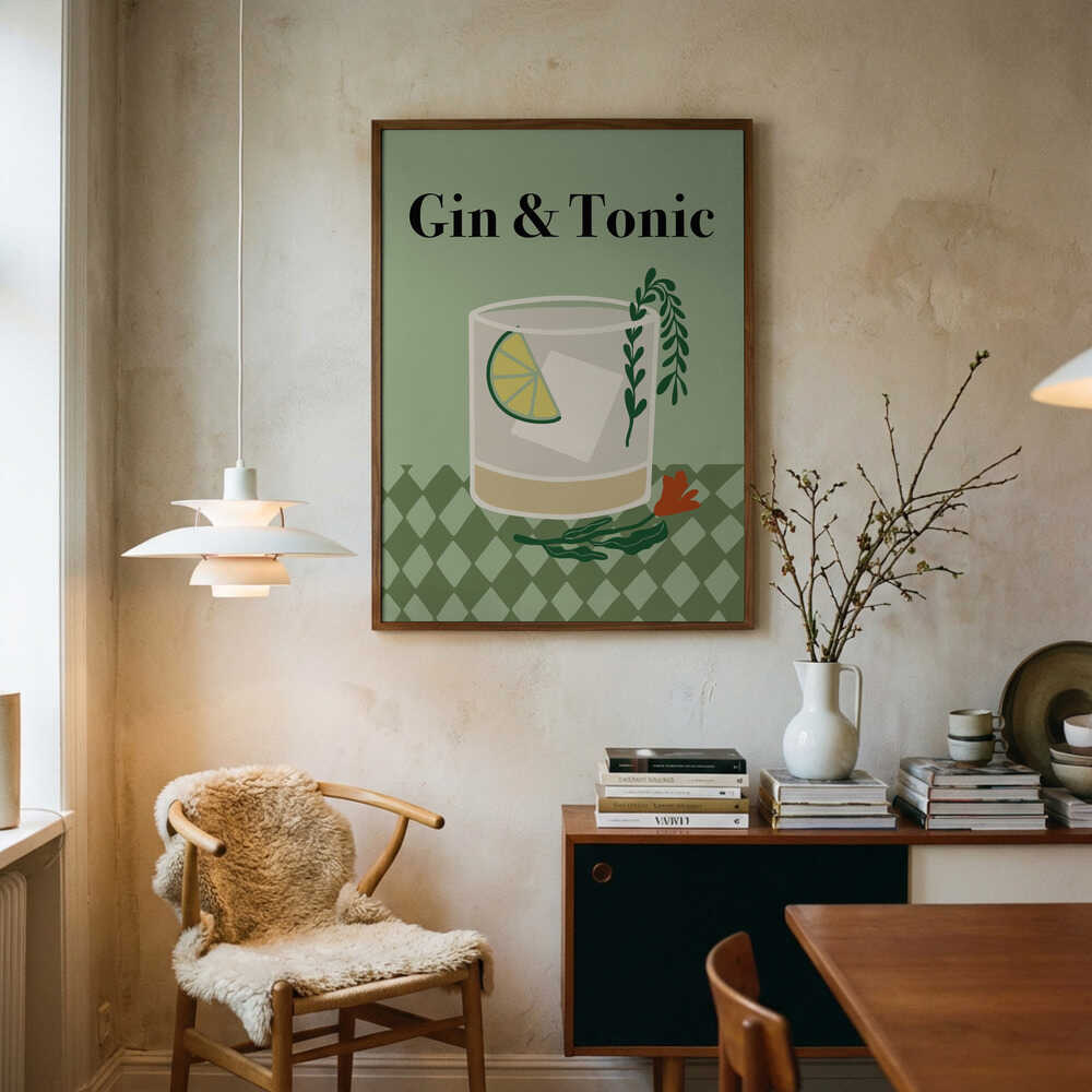 Gin and Tonic Cocktail Art Print UK — Botanical Minimal Wall Art — Kitchen — Wall It All Prints