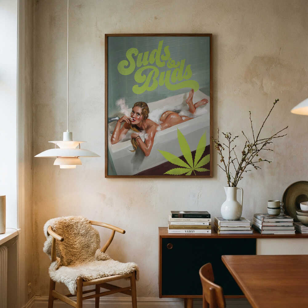 Suds Buds Sexy Girl Smoking Cannabis Joint In Bath Art Print UK — Botanical Calm Wall Art — Bathroom — Wall It All Prints