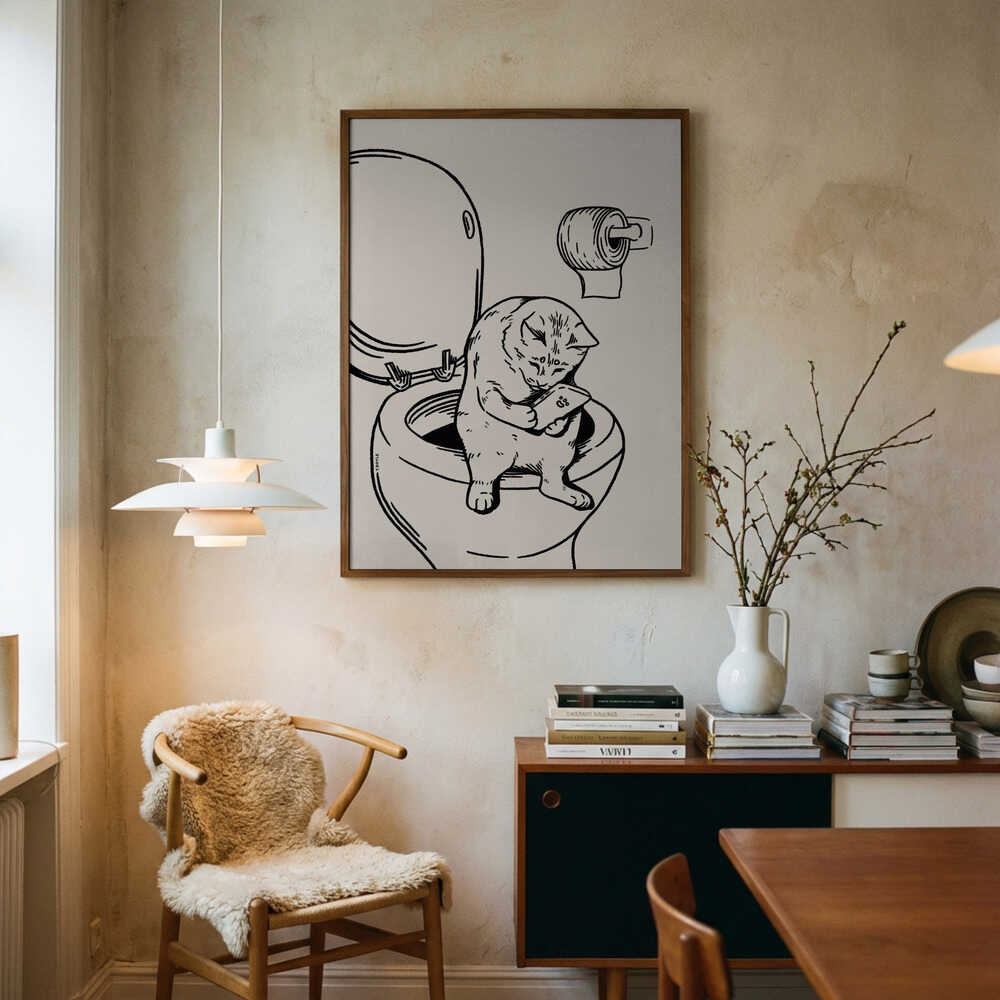 Funny Cat Bathroom Break Art Print UK — Animal Minimal Wall Art — Bathroom — Wall It All Prints
