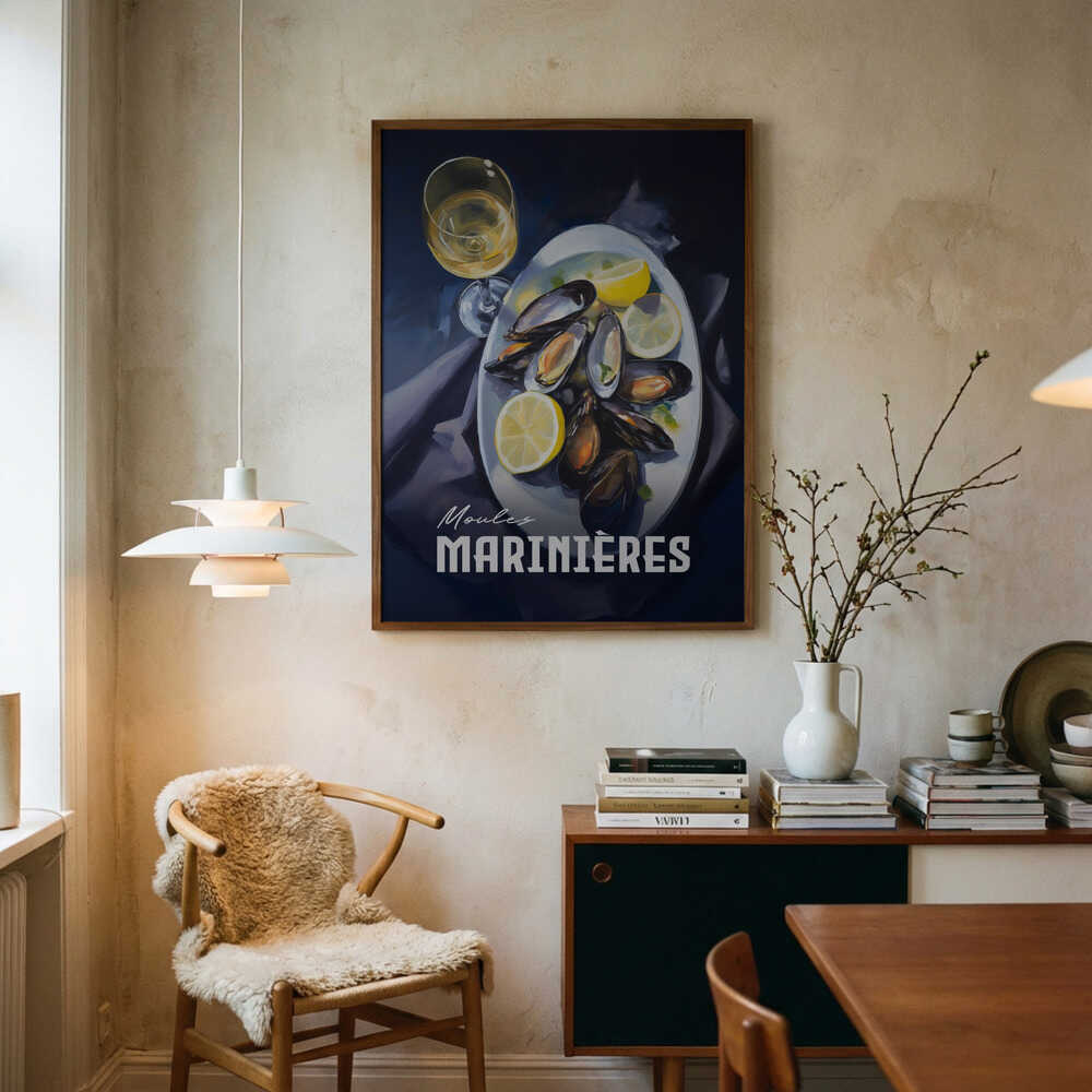 Classic Mussels and Wine Art Print UK — Dark Moody Dark Wall Art — Kitchen — Wall It All Prints