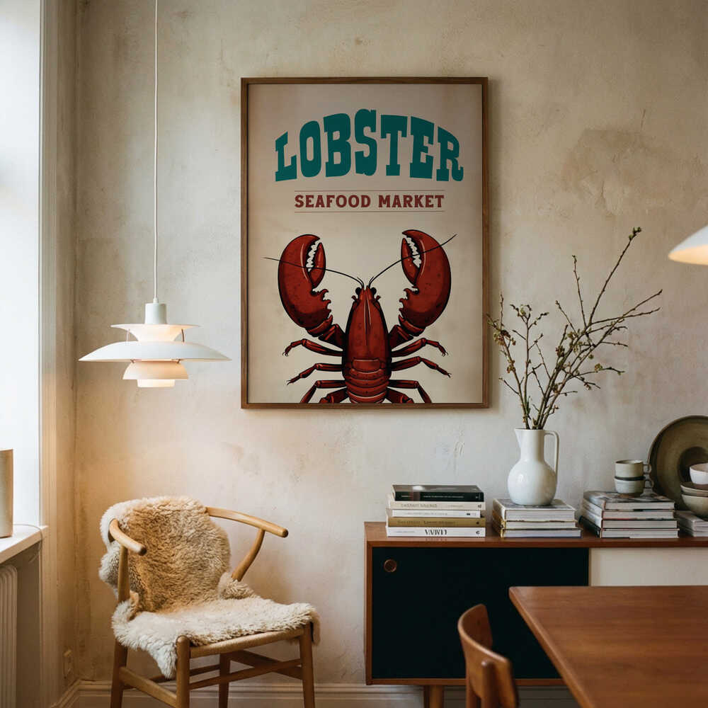 Vintage Lobster Market Sign Art Print UK — Landscape Vibrant Wall Art — Kitchen — Wall It All Prints
