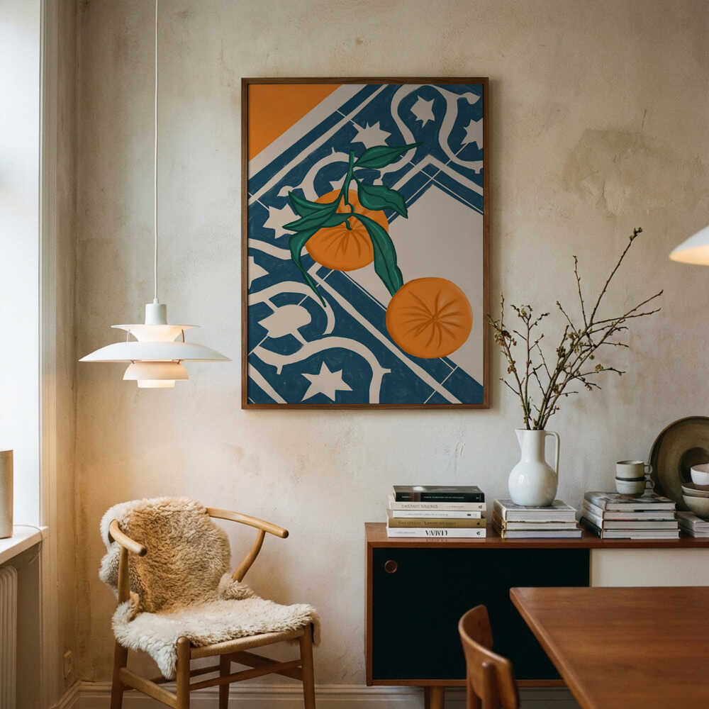 Fresh Oranges Blue Tiles Art Print UK — Food Vibrant Wall Art — Kitchen — Wall It All Prints