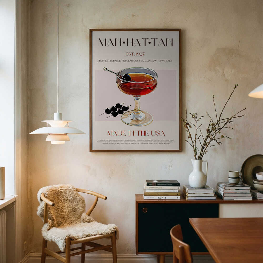 Vintage Manhattan Cocktail Art Print UK — Dark Moody Dark Wall Art — Living Room — Wall It All Prints