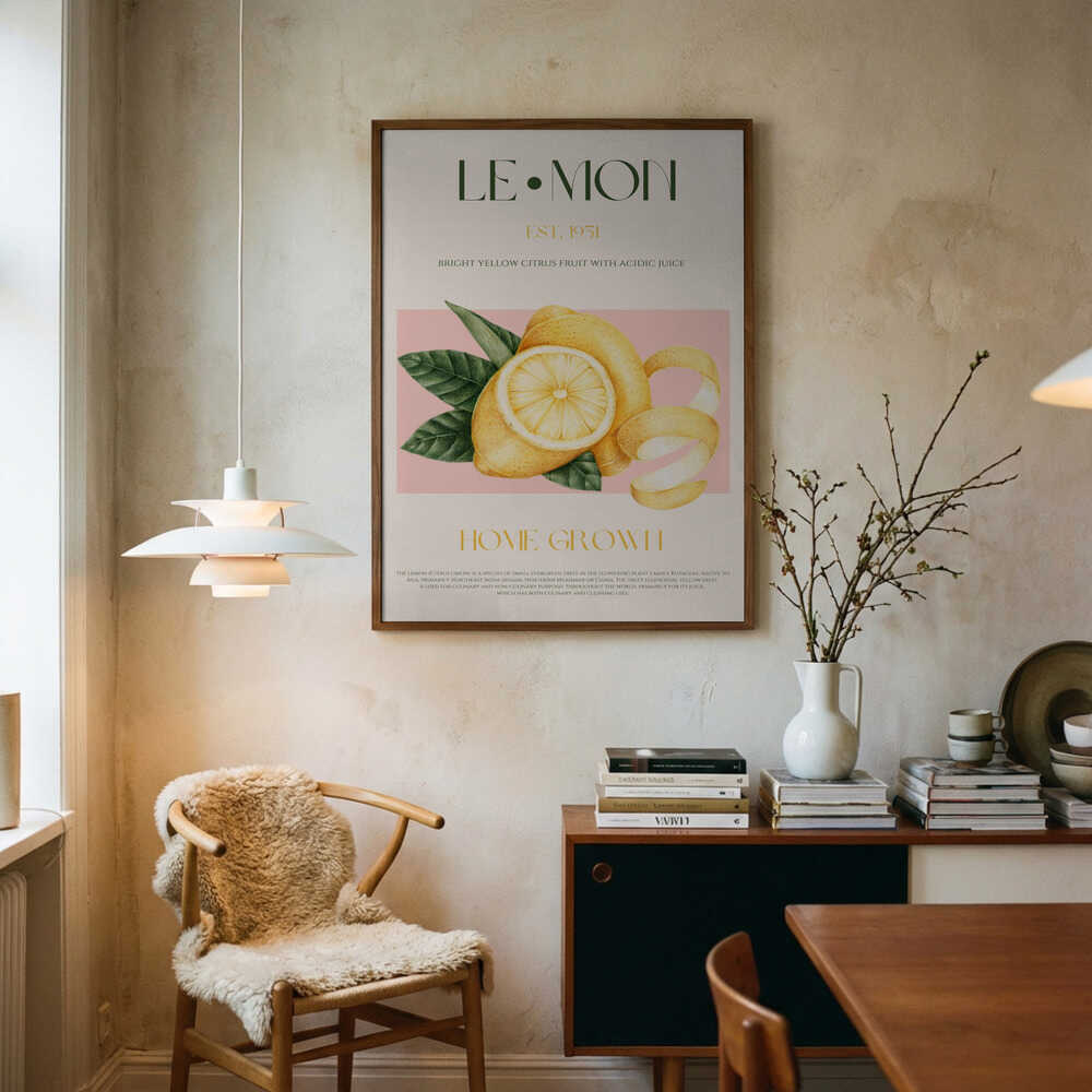 Vintage Style Sliced Lemon With Leaves Art Print UK — Botanical Vibrant Wall Art — Kitchen — Wall It All Prints