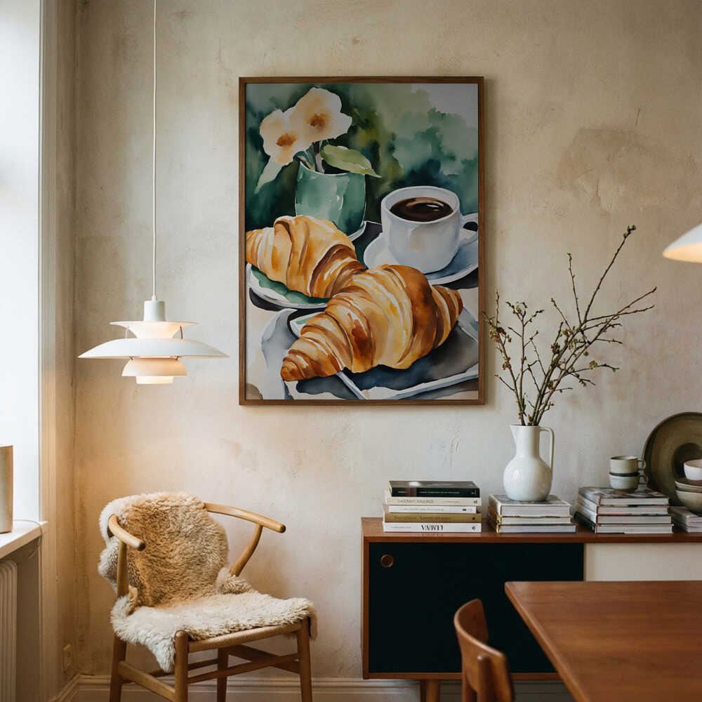 Fresh Croissants and Coffee Art Print UK — Botanical Warm Wall Art — Kitchen — Wall It All Prints