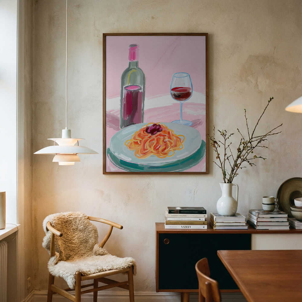 Spaghetti and Red Wine Art Print UK — Food Vibrant Wall Art — Kitchen — Wall It All Prints