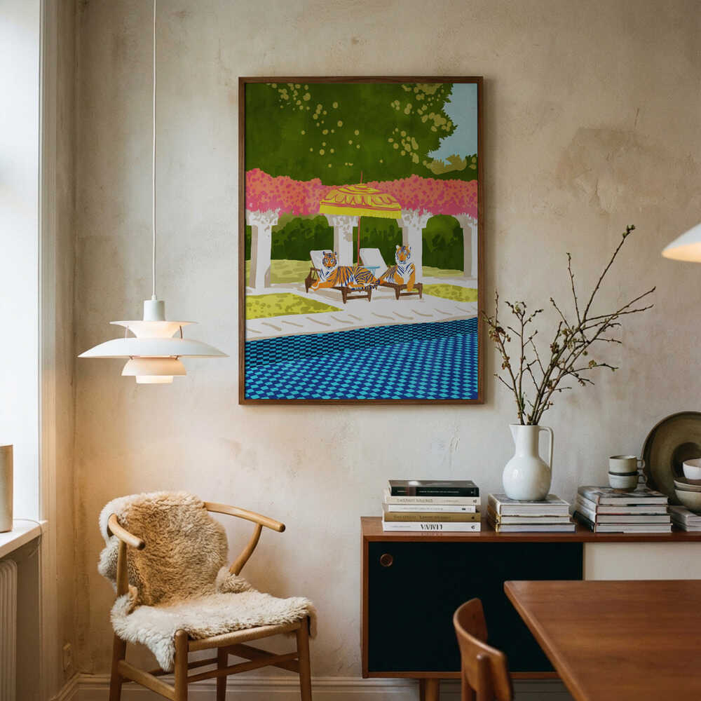 Luxurious Poolside Tigers Art Print UK — Botanical Vibrant Wall Art — Living Room — Wall It All Prints