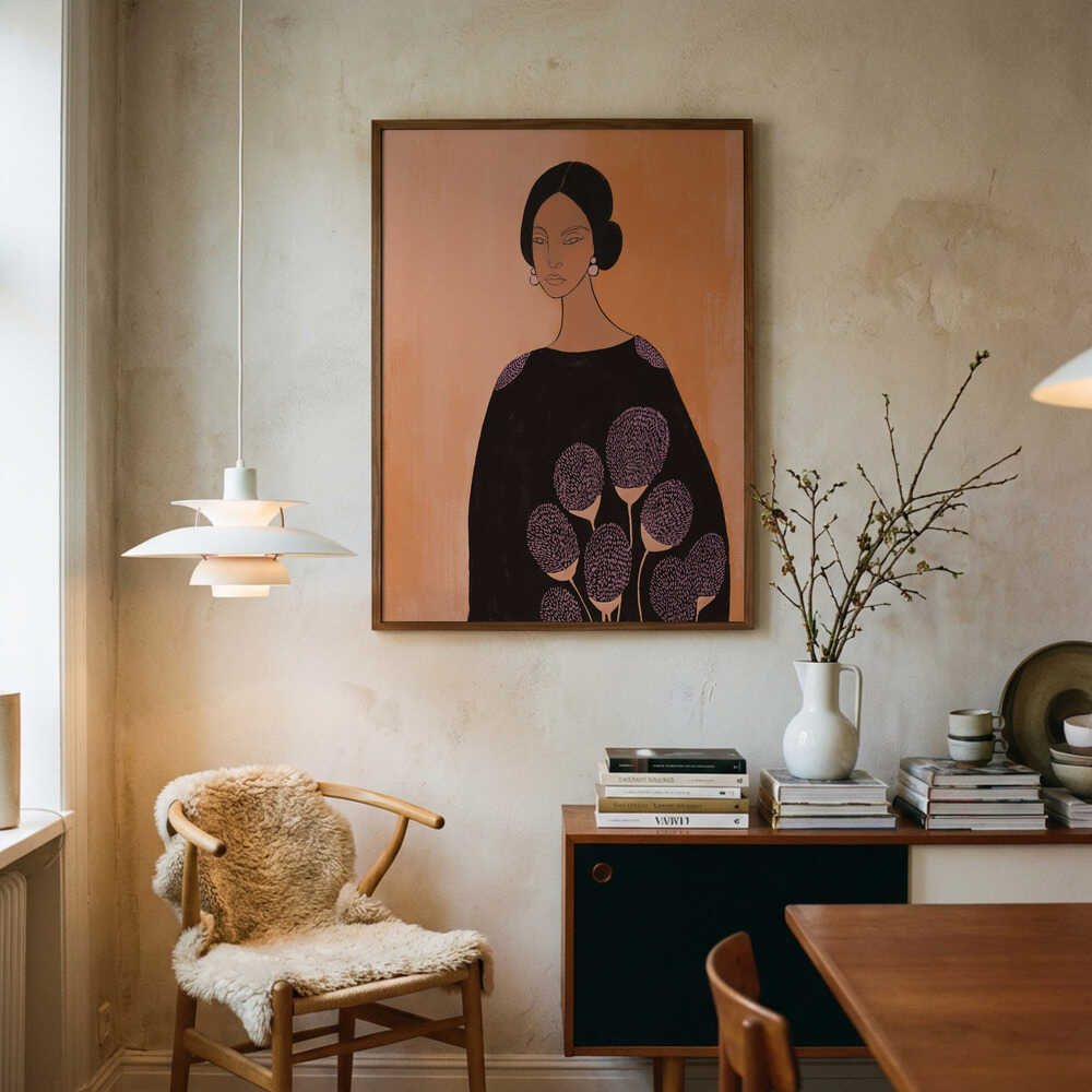 Elegant Woman Dark Floral Art Print UK — Botanical Calm Wall Art — Living Room — Wall It All Prints