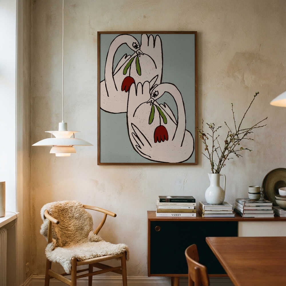 Loving Swans with Flowers Art Print UK — Botanical Calm Wall Art — Living Room — Wall It All Prints