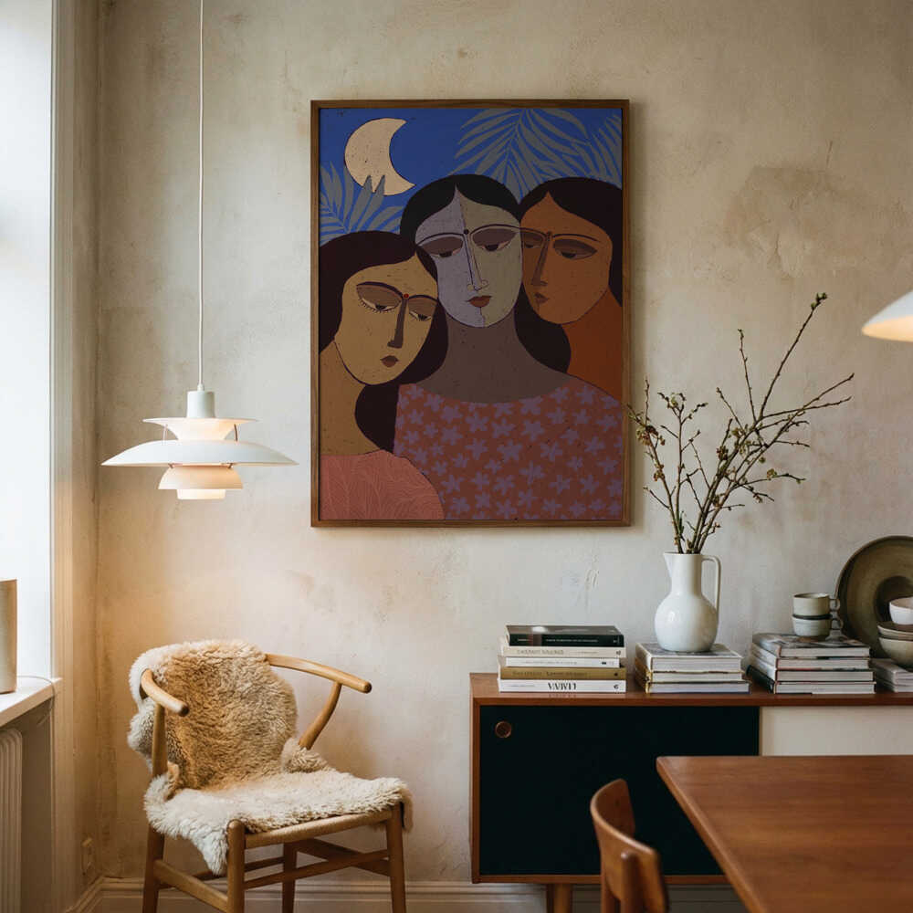 Three Women Under Moon Art Print UK — Dark Moody Calm Wall Art — Bedroom — Wall It All Prints