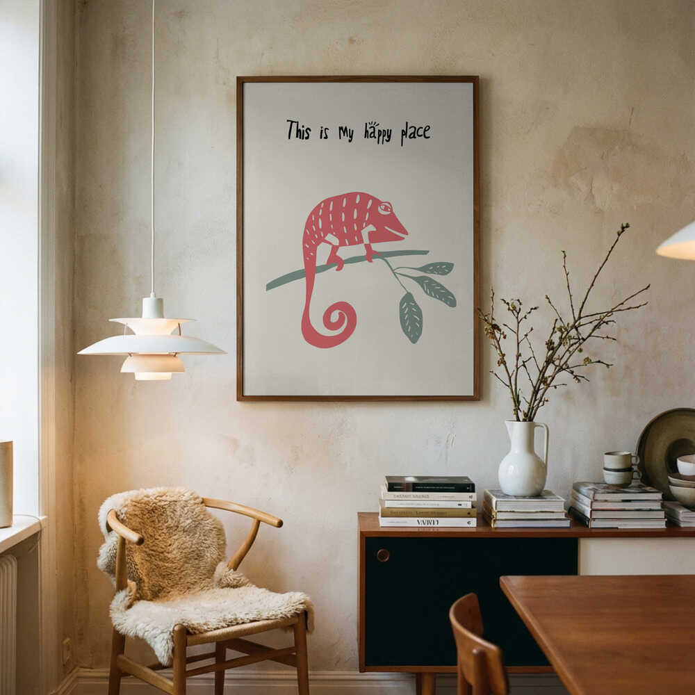 Pink Chameleon Happy Place Art Print UK — Animal Fresh Wall Art — Nursery — Wall It All Prints