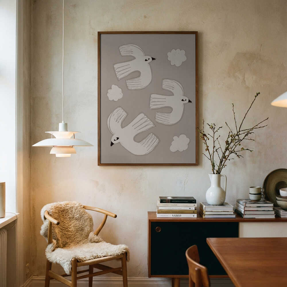 Peaceful White Birds Flying Art Print UK — Abstract Calm Wall Art — Bedroom — Wall It All Prints