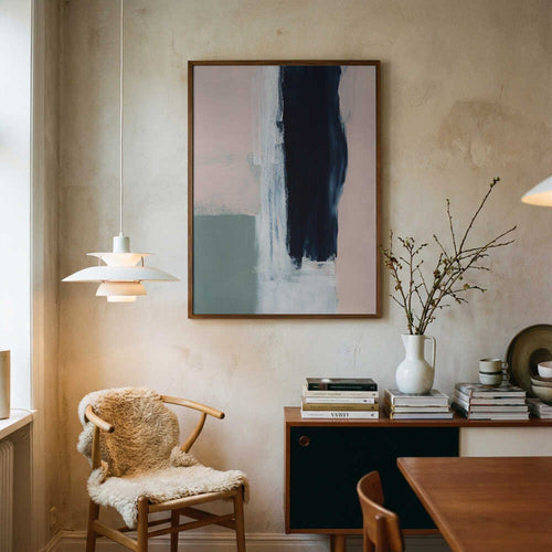 Blush pink, navy and sage abstract brushstroke wall art print for the bedroom.