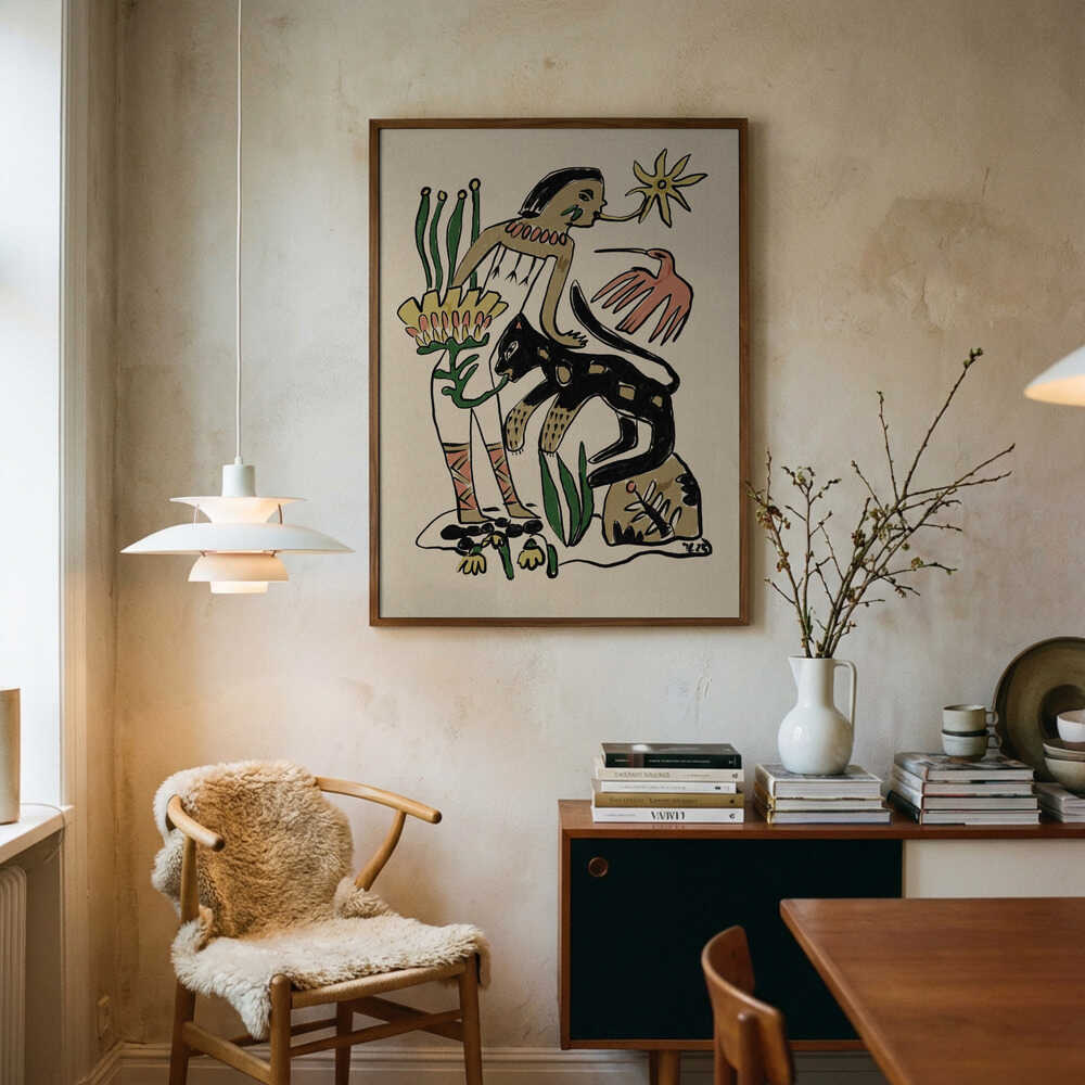 Folk Figure and Panther Art Print UK — Botanical Dark Wall Art — Living Room — Wall It All Prints