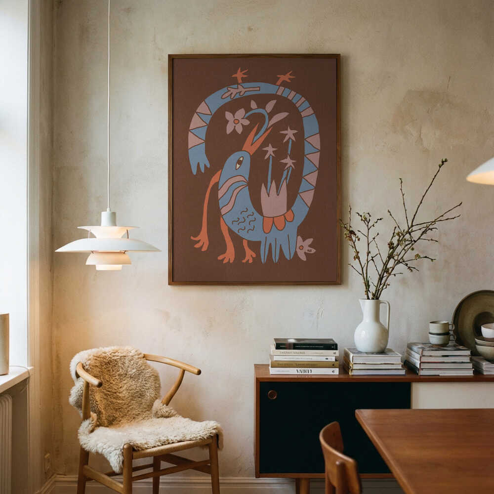 Whimsical Folk Bird Art Print UK — Botanical Warm Wall Art — Living Room — Wall It All Prints