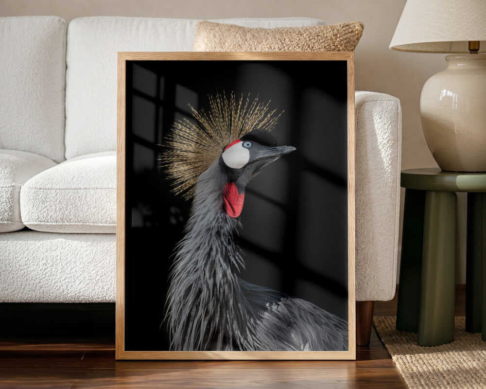 Majestic Crowned Crane Art Print UK — Portrait Dark Wall Art — Living Room — Wall It All Prints