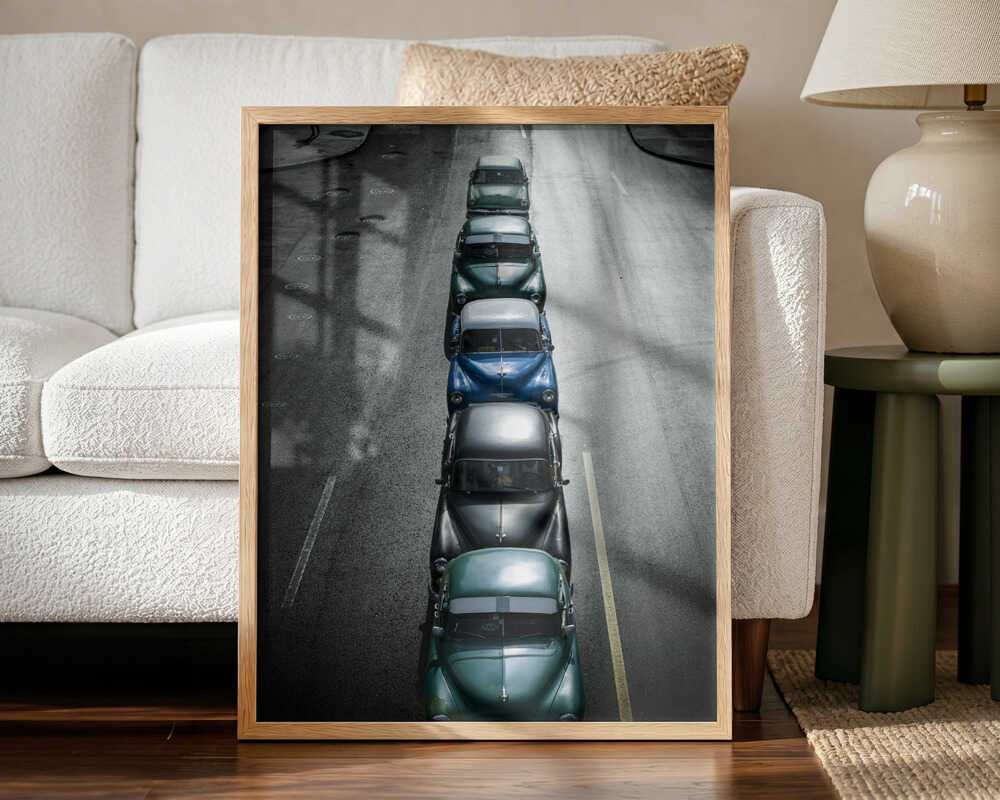 Vintage Cars Lined Up Art Print UK — Vintage Dark Wall Art — Living Room — Wall It All Prints