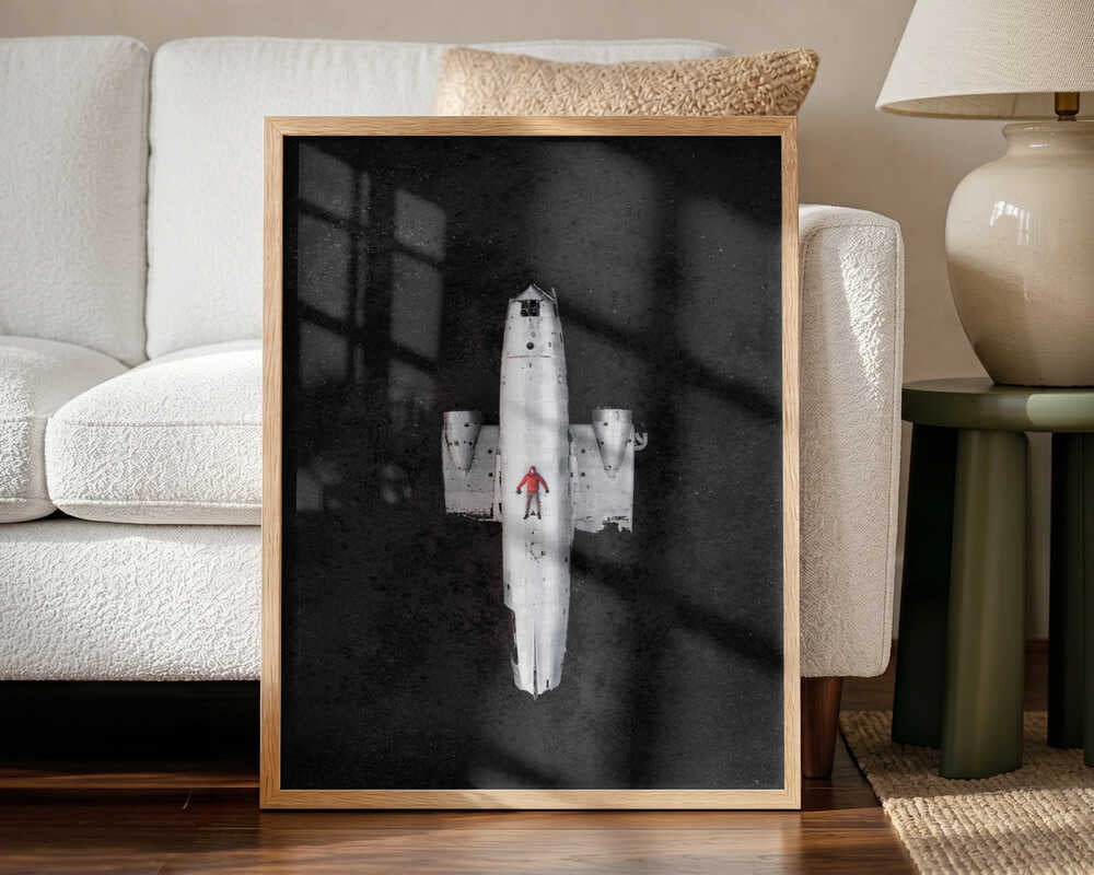 Red Jacket Plane Wreck Art Print UK — Abstract Dark Wall Art — Office — Wall It All Prints