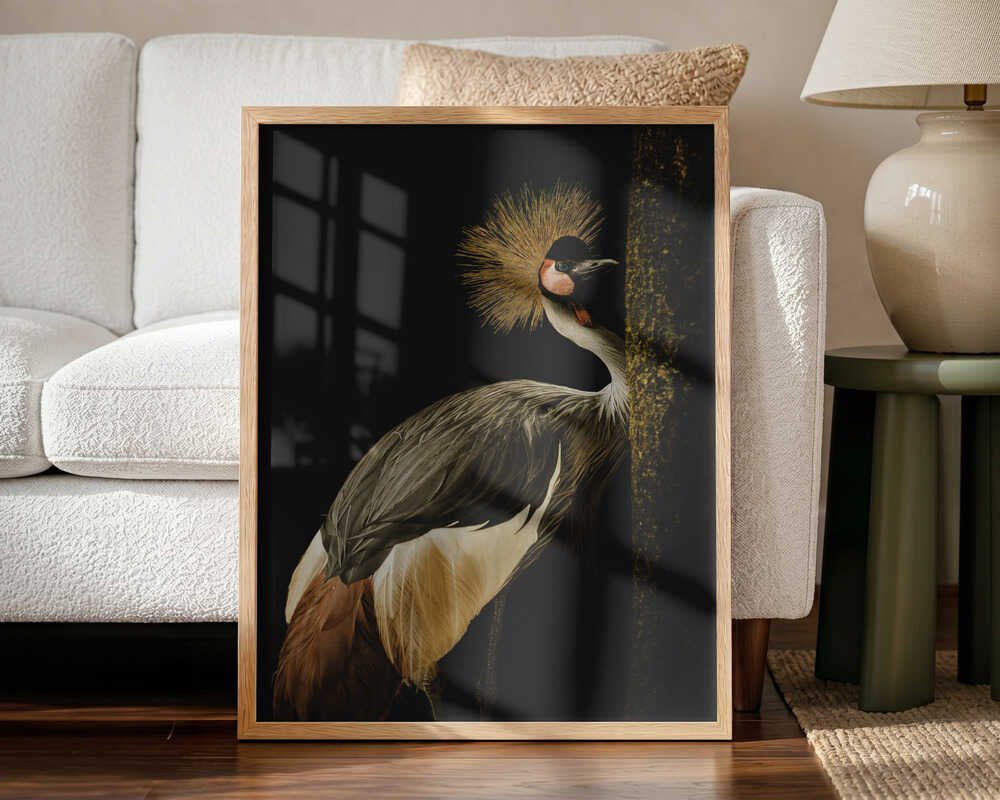 Regal Crowned Crane Art Print UK — Dark Moody Vibrant Wall Art — Living Room — Wall It All Prints