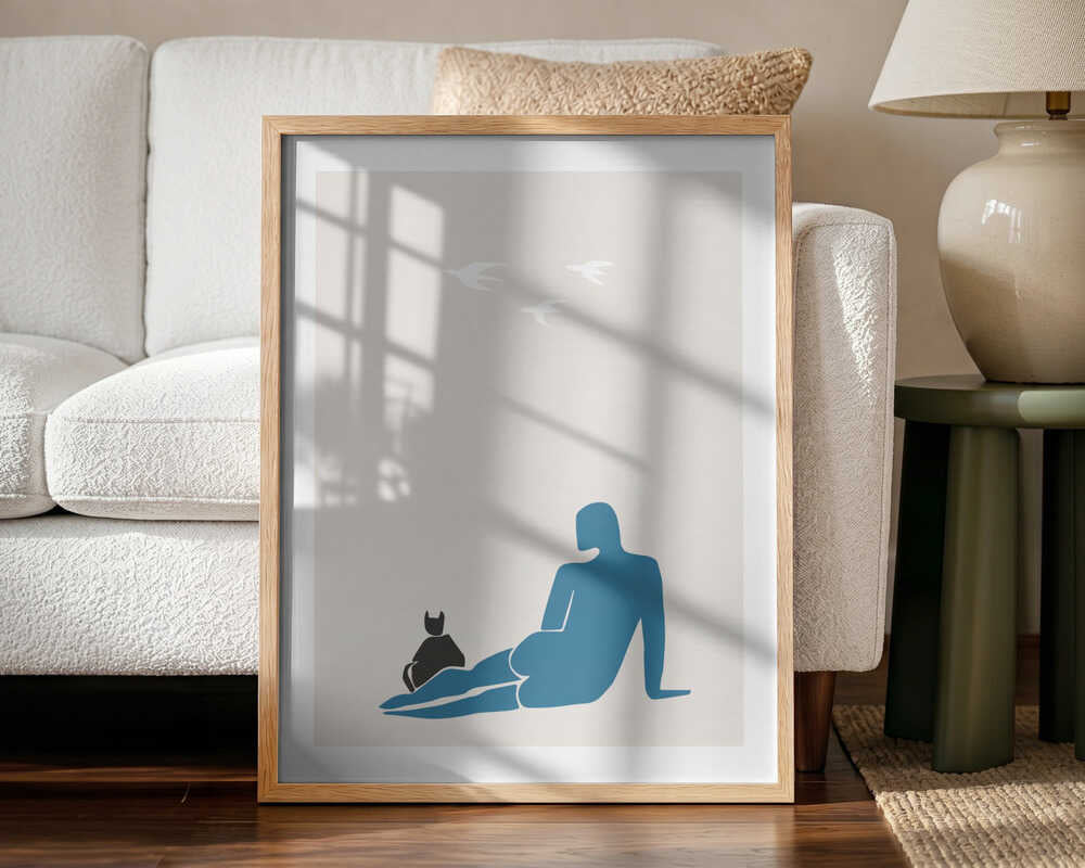 Blue Figure Black Cat Art Print UK — Abstract Calm Wall Art — Bedroom — Wall It All Prints