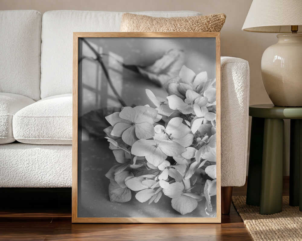 Monochrome Hydrangea Still Life Art Print UK — Botanical Calm Wall Art — Bedroom — Wall It All Prints