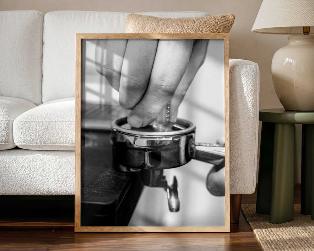 Hand Tamping Espresso Art Print UK — Dark Moody Dark Wall Art — Kitchen — Wall It All Prints