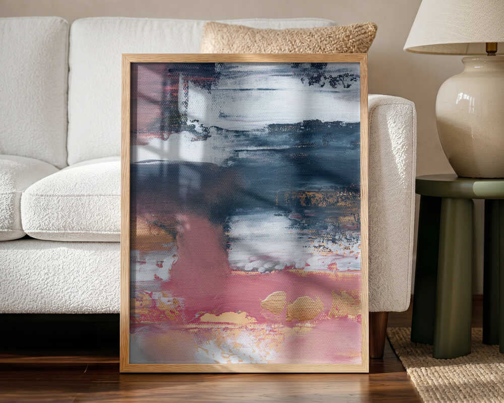 Gold Blush Abstract Layers wall art print styled in a living room with a natural wood frame