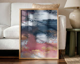 Gold Blush Abstract Layers wall art print styled in a living room with a natural wood frame