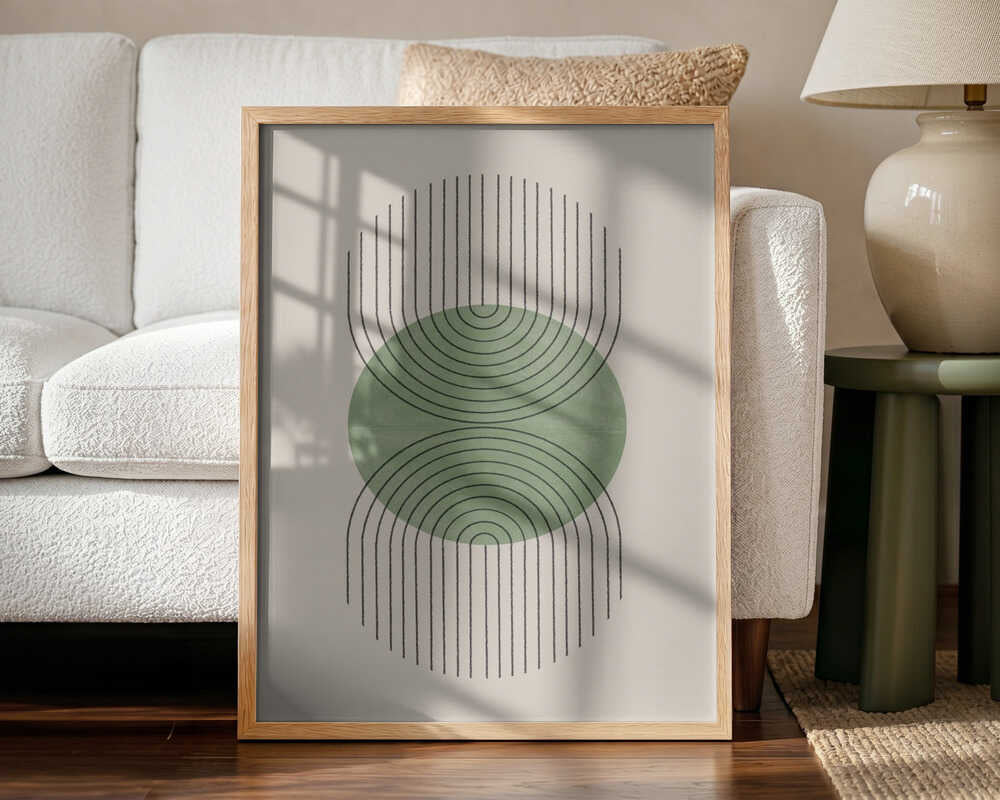 Sage green symmetrical wave shapes on a neutral background, Scandinavian-style abstract wall art print.