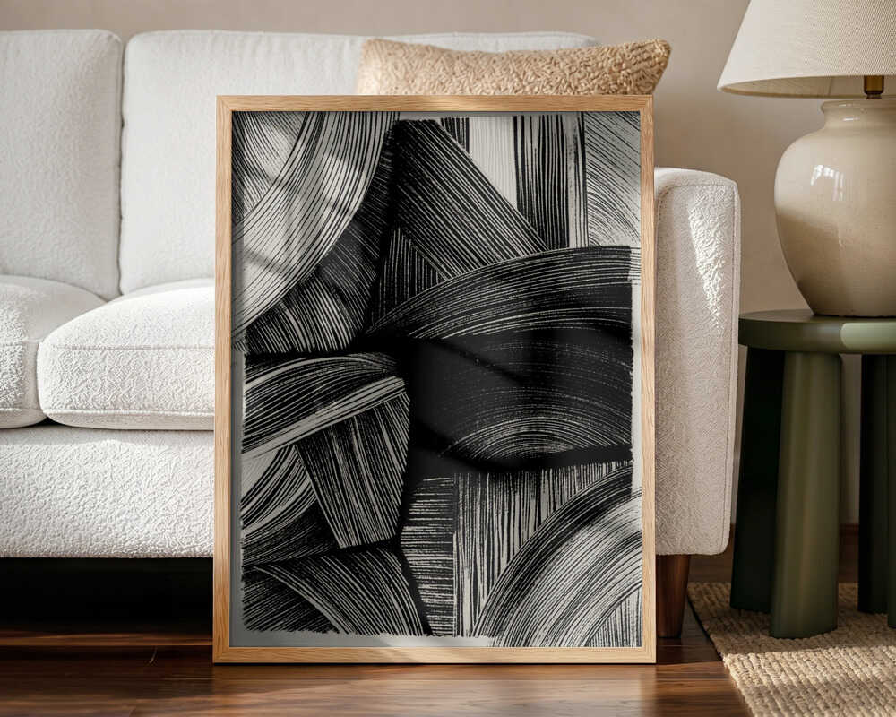 Curved Line Symphony abstract wall art print styled in a living room with a natural wood frame
