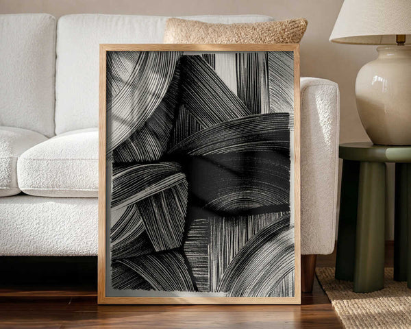 Curved Line Symphony abstract wall art print styled in a living room with a natural wood frame